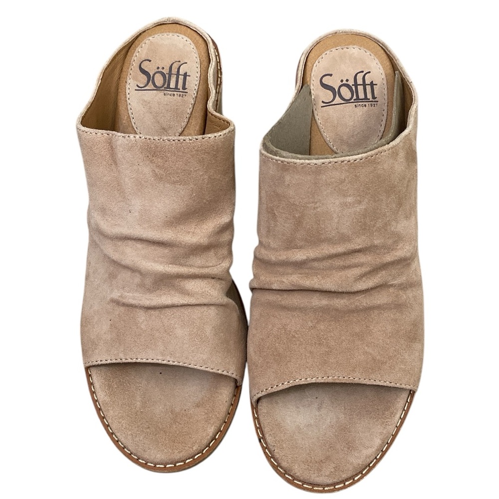 Neutral Tan Suede Split Wedge open toe mules mini… - image 2